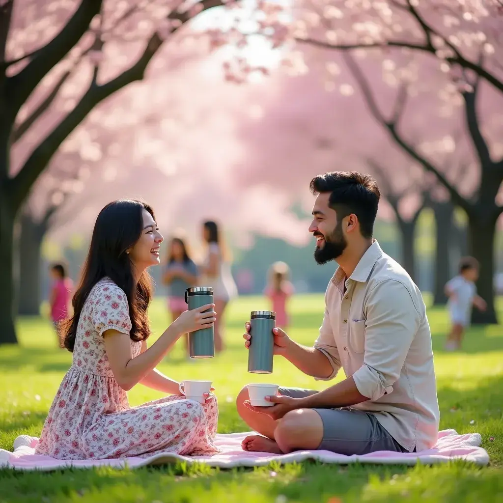 Teázás a természetben, zöld fűvel és virágokkal körülvéve.